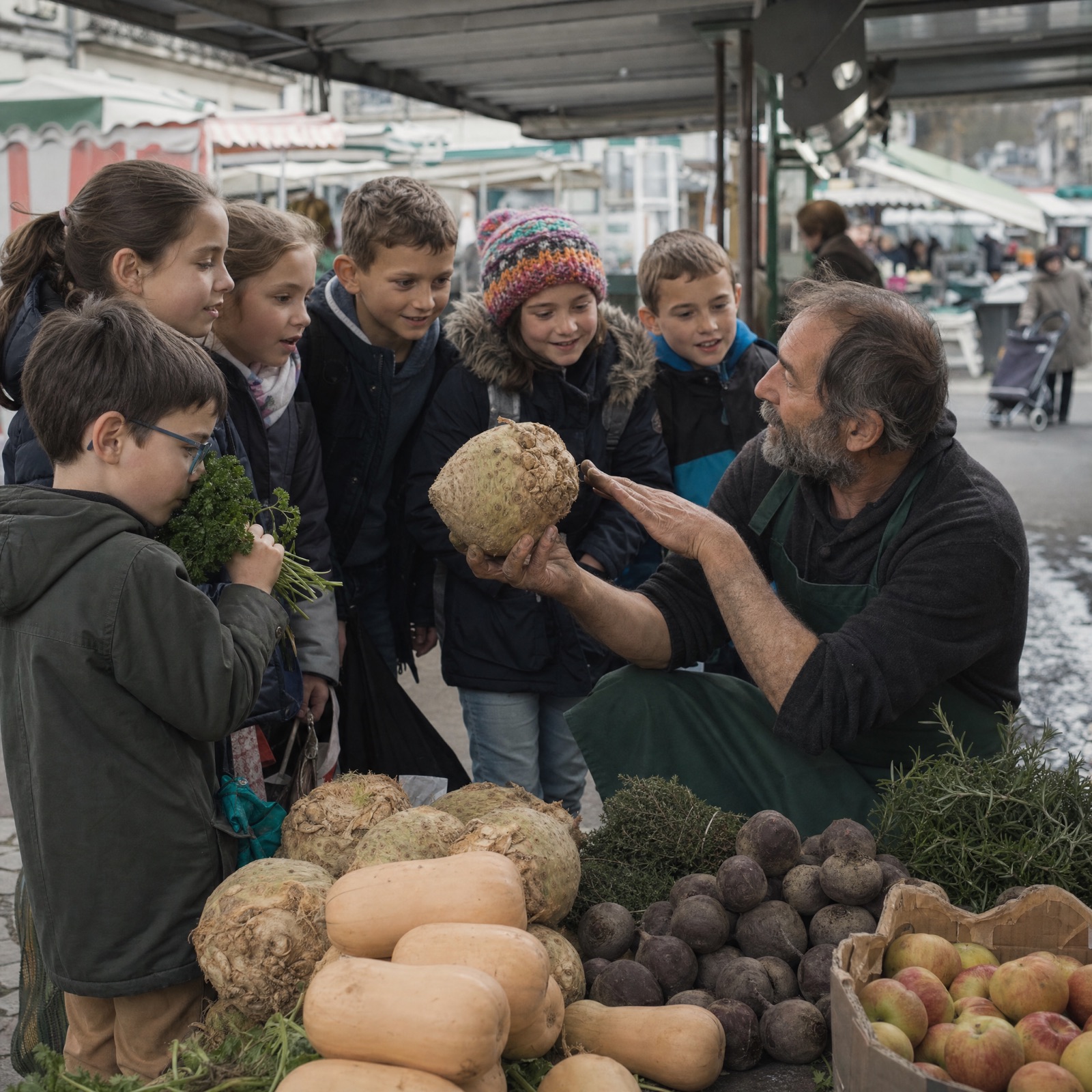 Enfants au jardin potager scolaire en automne à Angers