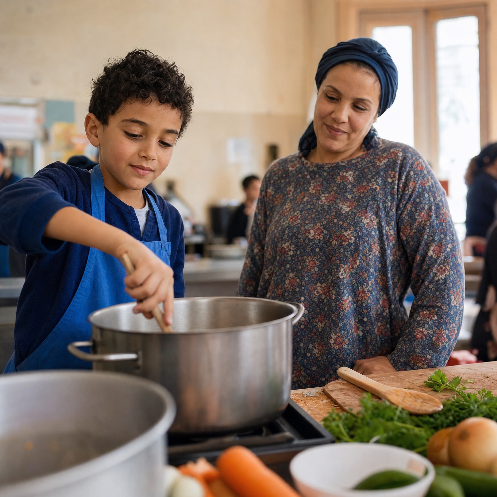 Une petite fille sent des épices dans un atelier de cuisine communautaire