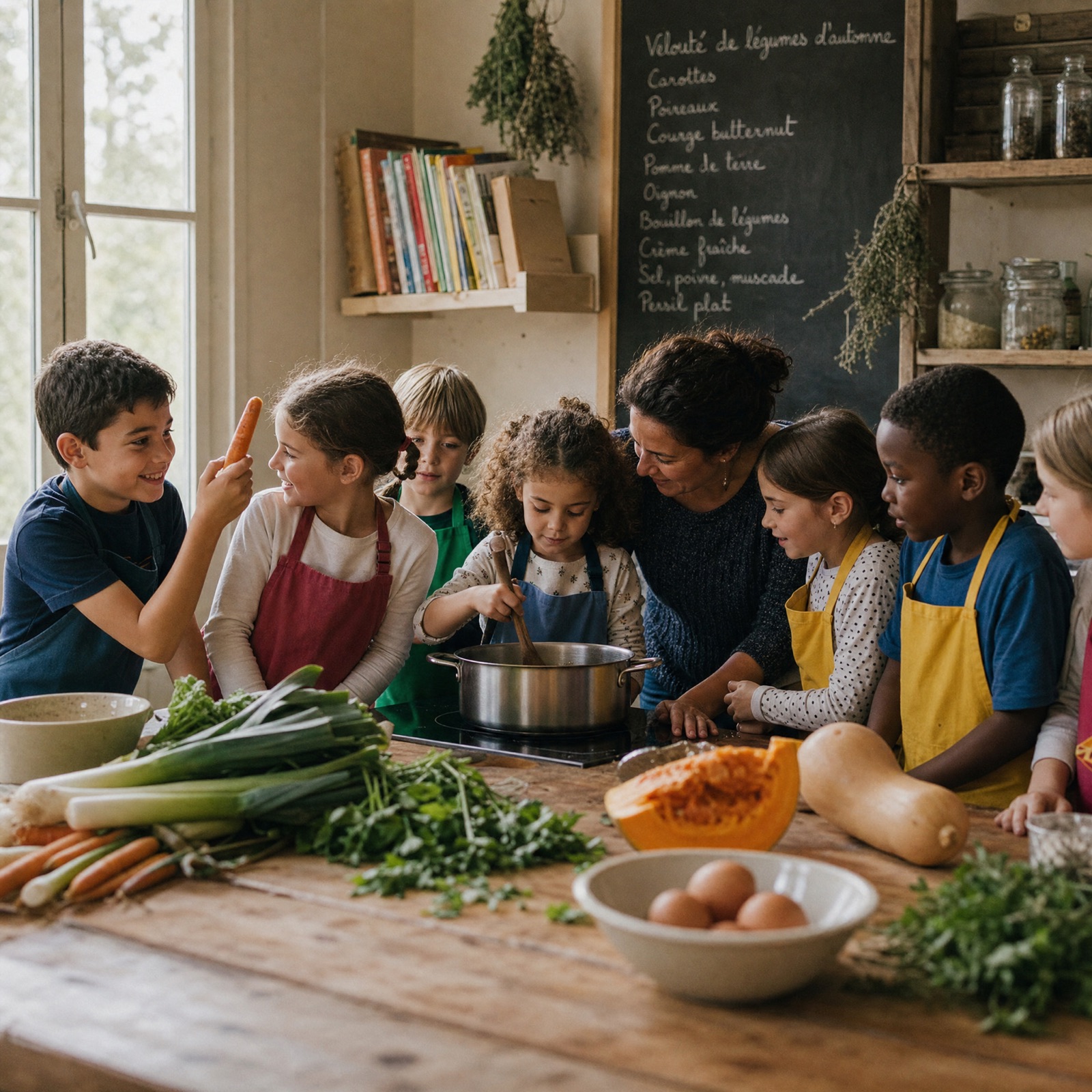 Des enfants en tablier préparent des légumes dans une cuisine pédagogique à Angers