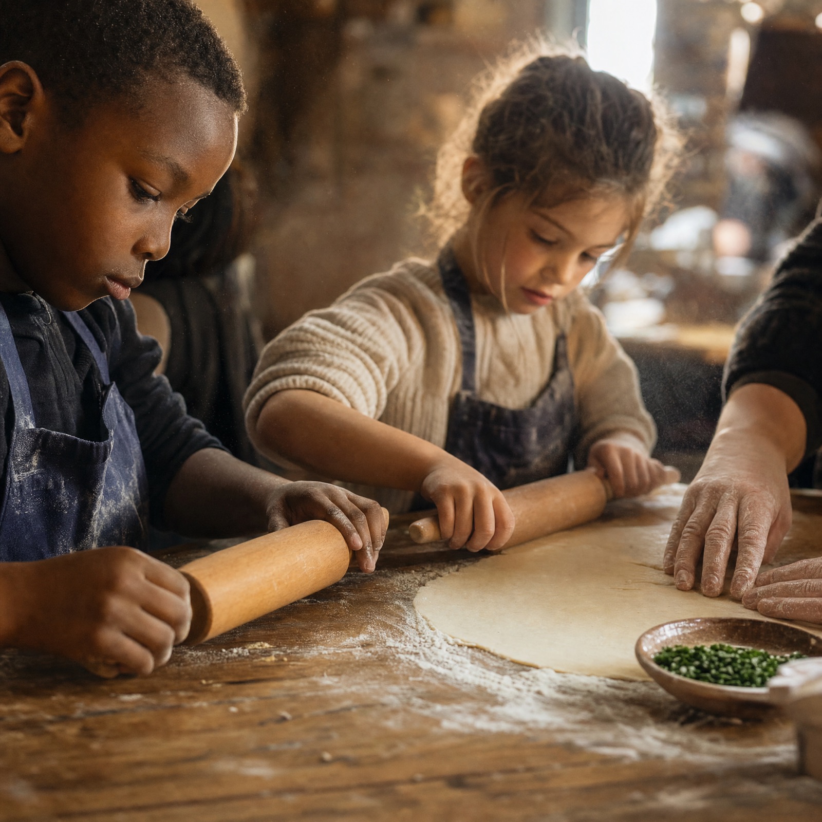 Enfants cuisinant des légumes d'automne dans une cuisine pédagogique angevine